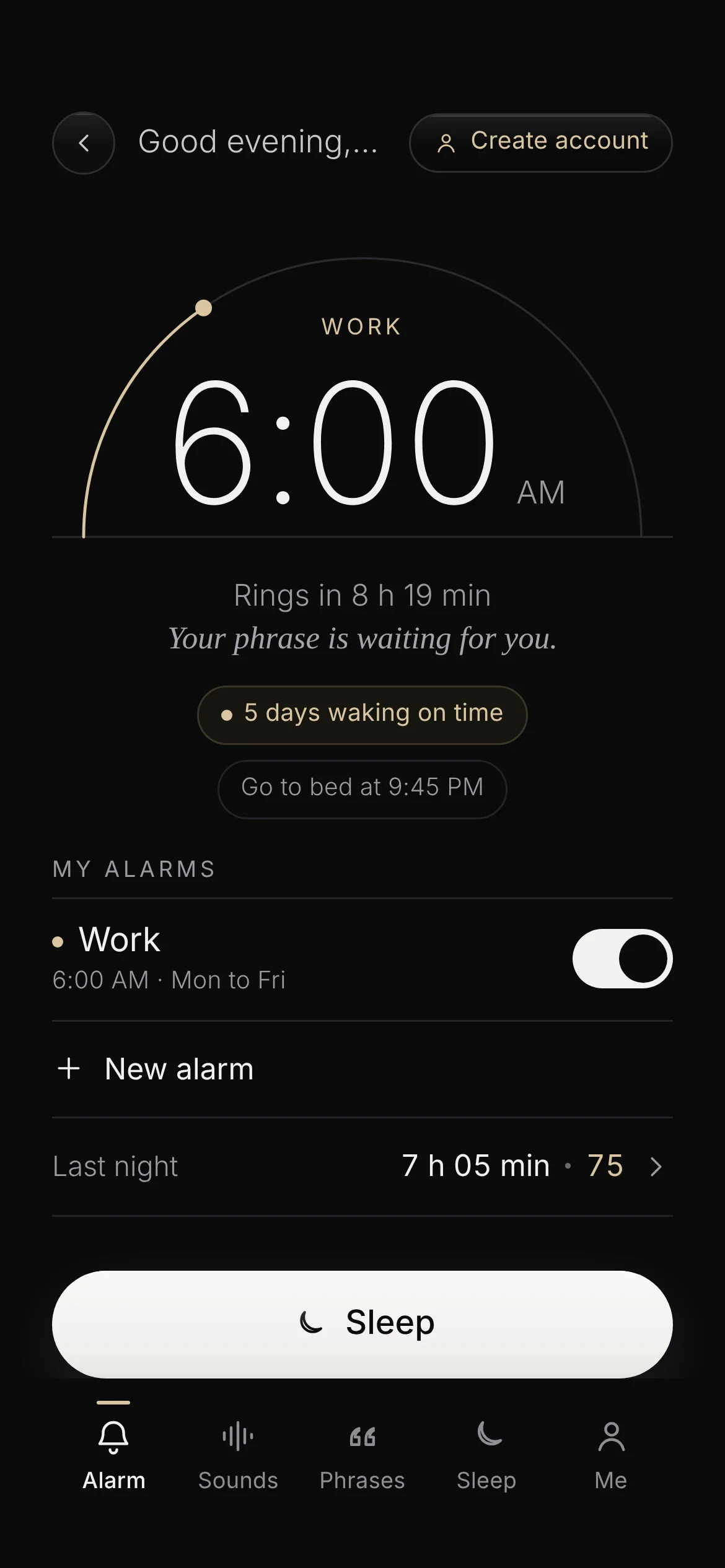 The home screen with the 6:00 AM alarm.